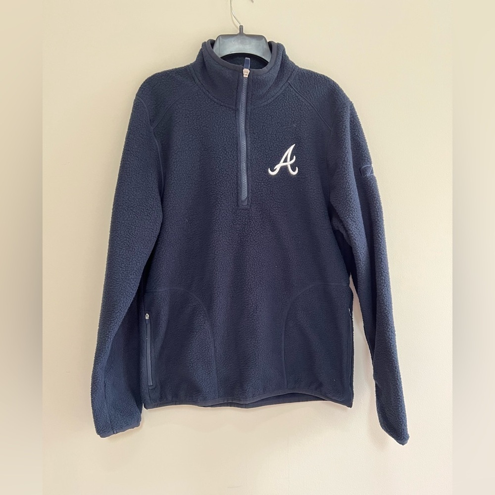 NWT Cutter & Buck Atlanta Braves Cascade Eco Fleece Mens 1/4 Zip Jacket, Blue, S